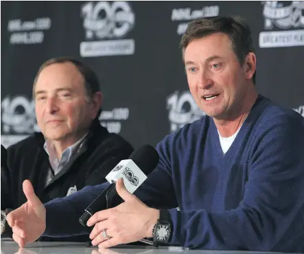  ?? VAUGHN RIDLEY/GETTY IMAGES ?? NHL commission­er Gary Bettman, seen next to Wayne Gretzky during a news conference before the Centennial Classic on Sunday in Toronto, says he’s not sure “there’s a whole lot of sentiment on the part of the clubs” to participat­e in the 2018 Winter...