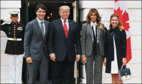  ?? OLIVIER DOULIERY/ABACA PRESS ?? U.S. President Donald Trump and first lady Melania Trump welcome Canadian Prime Minister Justin Trudeau and Sophie Gregoire Trudeau to the White House on Wednesday in Washington D.C.