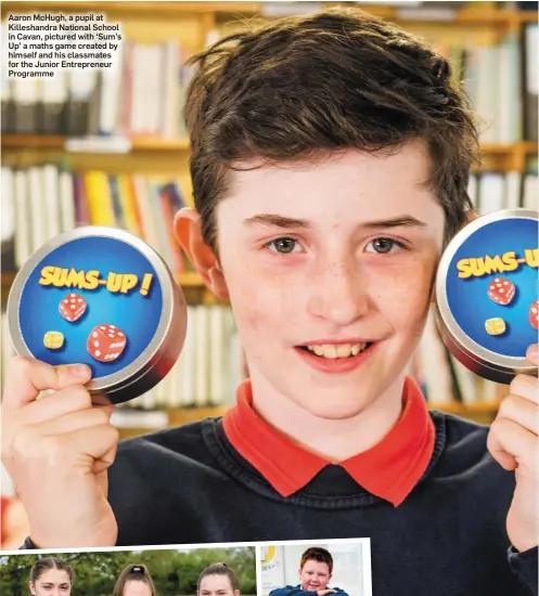  ??  ?? Aaron McHugh, a pupil at Killeshand­ra National School in Cavan, pictured with ‘Sum’s Up’ a maths game created by himself and his classmates for the Junior Entreprene­ur Programme