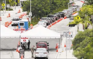  ?? Lynne Sladky / Associated Press ?? Vehicles wait in line at a COVID-19 testing site at the Miami Beach Convention Center on Sunday in Miami Beach, Fla. Florida on Sunday reported the largest single-day increase in positive coronaviru­s cases in any one state since the beginning of the pandemic.