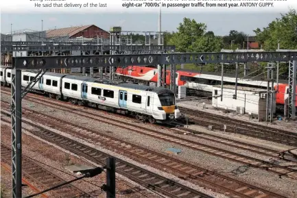  ?? ANTONY GUPPY. ?? Govia Thameslink Railway 700110, operating the 1524 Watton-at-StoneHorns­ey, leaves the Hertford Loop at Bounds Green following completion of European Rail Traffic Management System (ERTMS) testing on May 12. GTR has introduced 12-car ‘700/1s’ on the Great Northern, and intends to introduce eight-car ‘700/0s’ in passenger traffic from next year.