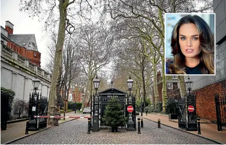  ?? GETTY IMAGES/AP ?? A general view shows the security gates at Palace Green, the location of Tamara Ecclestone’s home in Kensington in London, England. Thieves have stolen jewellery reportedly worth $100 million from the home of Tamara Ecclestone, insert. The Formula 1 heiress is currently on holiday in Lapland.