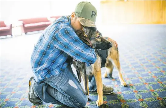  ??  ?? Timothy Kellerman, an Army veteran from Belle Vernon, hugs his service dog Pilot during the Passing of the Leash ceremony for Guardian Angels Medical Service Dogs at Duquesne University on Tuesday. See video at post-gazette.com.