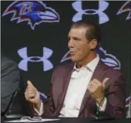  ?? KEVIN RICHARDSON — ASSOCIATED PRESS ?? On Jan. 10, Ravens owner Steve Bisciotti gestures during an NFL football news conference, in Owings Mills, Md.