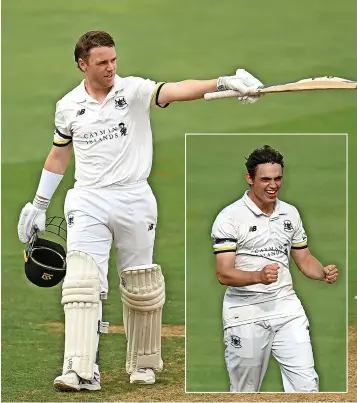  ?? Pictures: Harry Trump/ Getty Images ?? Marcus Harris celebrates his century at Taunton, while Tom Price (inset) took five wickets