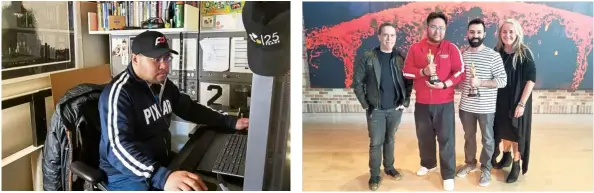  ?? — LYON LIEW — LYON LIEW ?? Liew at his desk at Pixar studio in California. As a simulation technical director, he is in charge of bringing clothing and other props to life. Liew (in red) holding the Oscar for the Best Animated Feature Film for Coco, with (from left) the movie...