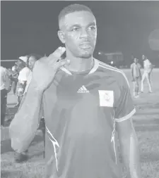  ??  ?? Hat-trick Hero! Dwain Jacobs recorded a first half hat-trick to seal the win for the lawmen Sunday evening. (Orlando Charles photos)