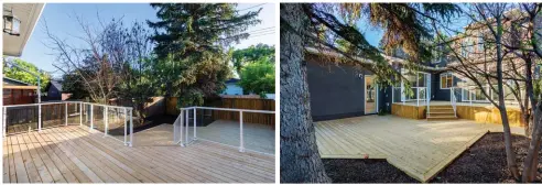  ??  ?? Beautifull­y landscaped and fully fenced, a west facing, zero-maintenanc­e back yard displays a large terraced deck and attached garage with mature trees relocated to enhance deck features.