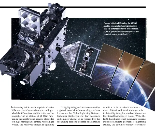  ??  ?? From an altitude of 36,000km, the GOES-16 satellite observes the huge lightning bolts that are exchanged between thunderclo­uds. GOES-16 spotted the lengthiest lightning ever recorded: 709km, above Brazil.