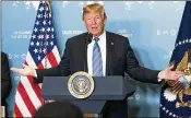  ?? DOUG MILLS / NEW YORK TIMES ?? President Donald Trump speaks to reporters Saturday. He said he pushed G-7 leaders to remove every tariff or trade barrier on U.S. goods, and in return he would do the same for products from their countries.