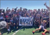  ?? PHOTO BY DAN ALBANO ?? Mission Viejo players celebrate after beating St. John Bosco 21-0to win the Battle at the Beach tournament on Saturday.