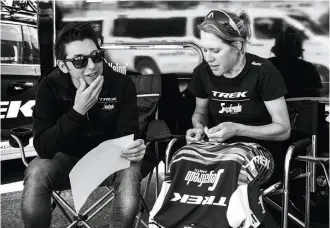  ??  ?? Bronzini and Ellen van Dijk talk tactics outside the Trek bus ahead of a race