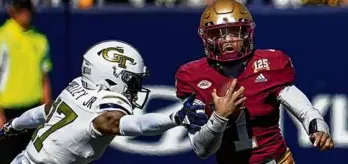  ?? MIKE STEWART/ASSOCIATED PRESS ?? BC quarterbac­k Thomas Castellano­s, who led the Eagles to a 38-23 victory at Georgia Tech Saturday, leads the nation’s QBs with 628 rushing yards.