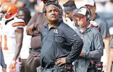  ?? [AP PHOTO] ?? Cleveland Browns coach Hue Jackson watches from the sideline during the first half Sunday against the Raiders in Oakland, Calif.