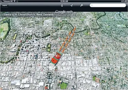  ??  ?? Festive flight: Google Earth tracking shows Santa flying over Christchur­ch yesterday morning.