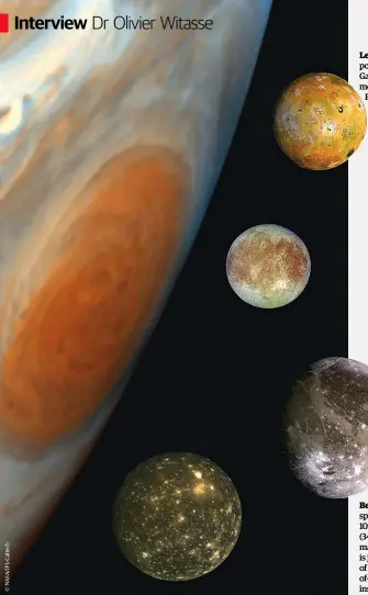  ??  ?? Left: A family portrait of Galilean moons.
From top to bottom: Io, Europa, Ganymede and Callisto