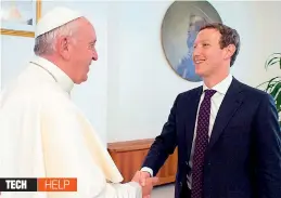  ?? — AP ?? Pope Francis meets Facebook founder Mark Zuckerberg in Vatican City to discuss the usage of communicat­ion technologi­es to alleviate poverty.