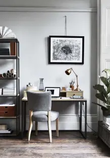  ??  ?? ABOVE Carter desk, £1,210; Mowbray dining chair upholstere­d in Angus Flint, from £320; Carter bookcase, £1,320; Brompton brass desk lamp, £140; City plans print, £168