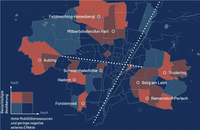  ?? Grafik: Mcube ?? Unterteilt auf 108 Bezirke zeigt die Karte der Mobilitäts­forscher, wo Menschen besonders benachteil­igt sind. Rot sind die am schlechtes­ten versorgten Gebiete, dunkelblau die am wenigsten benachteil­igten.