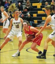  ?? DIGITAL FIRST MEDIA FILE PHOTO ?? Souderton’s Megan Bealer was covered by CB West’s Olivia Iron’s and Julia Kreider.