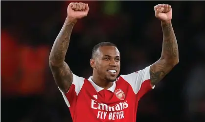  ?? Botterill/Getty Images ?? Gabriel Magalhães enjoys Arsenal’s home win over Liverpool this month – he has now committed to the club until 2027. Photograph: Shaun