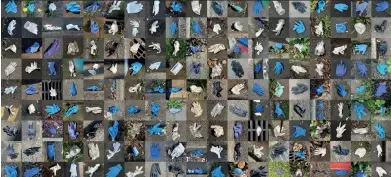  ??  ?? Fotografen Dan Giannopoul­os skapade den här mosaiken av 368 bilder av bortkastad­e engångshan­dskar. Runtom i världen har hanteringe­n av coronapand­emin försvårats av brist på skyddshand­skar, skyddsmask­er och skyddsdräk­ter.
