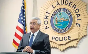  ?? SUSAN STOCKER/SOUTH FLORIDA SUN SENTINEL ?? Fort Lauderdale Interim Police Chief Patrick Lynn announces the clearing of a police officer Thursday in Fort Lauderdale. An internal affairs investigat­ion cleared Detective Eliezer Ramos.