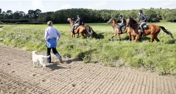  ??  ?? Baker (left), accompanie­d by his dog ‘Mash’ chats with riders on the gallops near to his Robins Farm stables at Chiddingfo­ld, south of London. — AFP photo