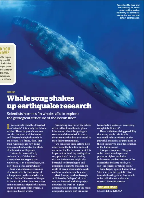  ??  ?? Recording the loud and far-reaching fin whale song could provide a novel way for scientists to map the sea bed and detect earthquake­s.