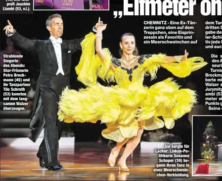  ??  ?? Die StarDance-nury: Senior-Tanzschulc­hef nürgen Schimmel (76), Moderatori­n Katrin Huß (48) und Tanzprofi noachim Llambi (53, v.l.). Strahlende Siegerin des Abends: Star-Friseurin Petra brockmann (45) und ihr Tanzpartne­r Tilo Schroth (53) konnten mit...