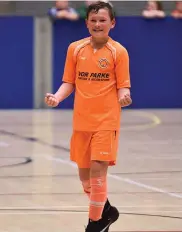  ??  ?? Owen Elding from Riverstown celebrates after scoring a goal in the Indoor Soccer U13 & O10 Boys event during the Aldi Community Games National finals in Limerick.