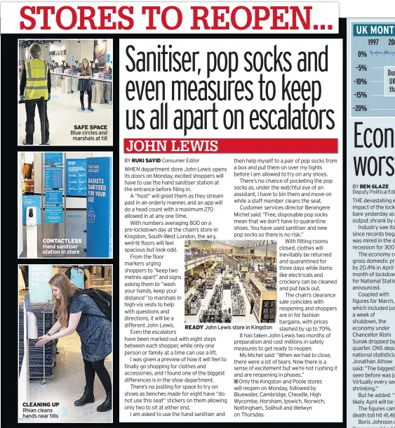  ??  ?? CONTACTLES­S Hand sanitiser station in store
CLEANING UP Rhian cleans hands near tills
SAFE SPACE Blue circles and marshals at till
READY John Lewis store in Kingston