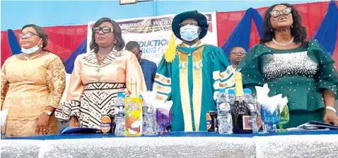  ?? PHOTO: NAN ?? Librarian, University of Calabar, Prof. Nkoyo Edem ( left); Vice- Chancellor, University of Calabar, Prof. Florence Obi; Registrar, Nursing and Midwifery Council of Nigeria, Dr Abubakar Farouk and Dean, Faculty of Allied Medical Sciences, Prof. Idongesit Akpabio at the 7th oath- taking and induction ceremony of nursing graduates of the University in Calabar… yesterday