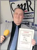  ??  ?? Hinckley Castle Mead Radio presenter Mathew Hulbert has received a long service award from the Hospital Broadcasti­ng Associatio­n in recognitio­n of his 20 years service to the station based at Hinckley and District Hospital