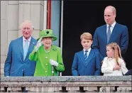  ?? JONATHAN BUCKMASTER/POOL PHOTO VIA AP ?? From left, Britain’s Prince Charles, Queen Elizabeth II, Prince George, Prince William and Princess Charlotte on the balcony during the Platinum Jubilee Pageant outside Buckingham Palace in London on Sunday.