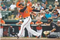  ?? ASSOCIATED PRESS FILE PHOTO ?? Baltimore Orioles’ Manny Machado hits an RBI double against the Pittsburgh Pirates in a spring training game March 2 in Sarasota, Fla. Picking and choosing spots for players has been especially key for Baltimore this spring because the Orioles play 14 of their first 17 regular-season games against either AL East foes or the Twins, another regular spring opponent.