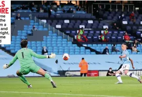  ??  ?? De Bruyne scores the first from a penalty and Foden, right, fires home the third