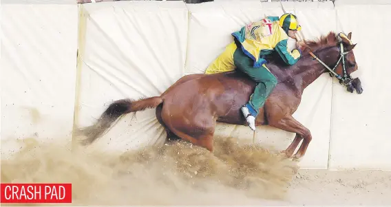  ?? Picture: Reuters ?? Jockey Luigi Bruschelli of the ‘Bruco’ (Caterpilla­r) parish crashes during the Palio of Siena horse race yesterday in Italy.