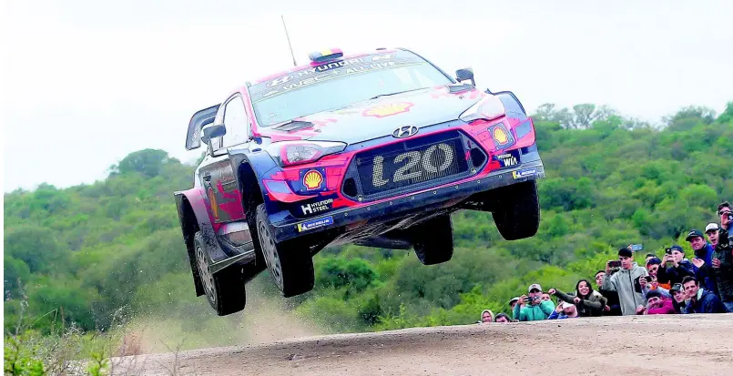  ?? AP ?? Driver Thierry Neuville and his co-driver, Nicolas Gilsoul, both from Belgium, race their Hyundai i20 Coupe WRC on the first day of the fifth round of the FIA World Rally Championsh­ip in Las Bajadas, Cordoba, Argentina, on Friday, April 26, 2019.