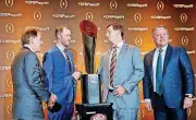  ?? [AP PHOTO] ?? Coaches Nick Saban of Alabama, from left, Lincoln Riley of OU, Dabo Swinney of Clemson and Brian Kelly of Notre Dame gather around the College Football Playoff trophy last week in Atlanta.