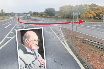 ?? ?? WRONG TURN: John Milne, 88, and the route he took into oncoming traffic on the A90.
