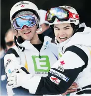  ?? STANKO GRUDEN/Agence Zoom ?? Philippe Marquis of Canada, left, celebrates with Mikael Kingsbury of Canada after topping the podium in the FIS Freestyle Ski World Championsh­ips dual moguls event on
Monday in Kreischber­g, Austria