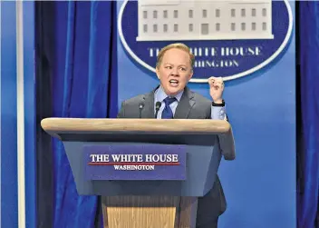  ??  ?? Melissa McCarthy as Sean Spicer, above; below, Rosie O’Donnell as Steve Bannon