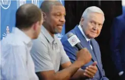  ??  ?? LOS ANGELES: Los Angeles Clippers president of basketball operations and head coach Doc Rivers, center, speaks as Jerry West, right, listens along with Clippers executive vice president of basketball operations Lawrence Frank during a news conference...