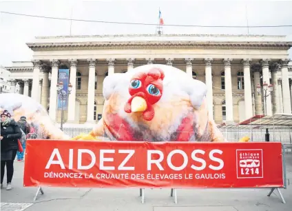  ?? PHOTO: AFP ?? A giant inflatable effigy of a chicken, nicknamed ‘Ross 308’, and a banner which reads: ‘Help Ross’, are deployed by French animal rights associatio­n L214 as part of their protest action denouncing living conditions for livestock and genetic selection (breeding specifical­ly Ross 308 gene chickens) by the poultry farming industry, in front of the Palais Brongniart in Paris, yesterday.