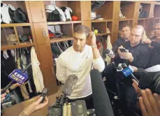  ?? JEFF CHIU/ASSOCIATED PRESS ?? San Francisco quarterbac­k Jimmy Garoppolo speaks to reporters at his locker Wednesday in the aftermath of the 49ers’ loss to Kansas City in the Super Bowl on Sunday.