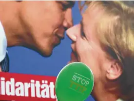  ?? AFP ?? A BALLOONrea­ding “Stop TTIP” floats near an image of German Chancellor Angela Merkel (right) and US President Barack Obama, during a demonstrat­ion against the transatlan­tic trade deal in Hannover, Germany.