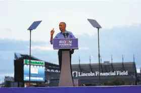  ?? Matt Slocum / Associated Press ?? Former President Barack Obama speaks at Citizens Bank Park in Philadelph­ia as he campaigns for presidenti­al candidate former Vice President Joe Biden.