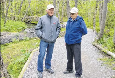  ?? DAVID JALA/CAPE BRETON POST ?? David Gabriel and Joe Dennis discuss possible flood mitigation measures and their potential effects on the Baille Ard Nature Trails in Sydney’s south end. The men are members of the Baille Ard Recreation Associatio­n, the group that developed the trail system and has maintained it since its establishm­ent in the early 1990s.