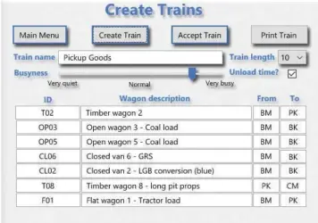  ??  ?? I then generate possible manifests for the day’s goods train movements. Depending on the weather forecast and demands on my time, this, as a minimum, will be the pickup goods (maximum eight to 10 wagons) and either one or two mixed trains (maximum four wagons). The program shows each possible set of wagon movements for each train and I can decide whether or not I like the look of them.
In this example, we see that I have used the system to create a possible Down pickup goods train. Before clicking the ‘Create Train’ button, I enter the name for the train, its length, how busy I want the service to be (when it’s quieter, only very urgent goods are sent – ie wagon transits with a high level of probabilit­y – and vice versa) and whether unloading time should be allowed before the wagons are included in a future train. In this example, the program has suggested a train of seven wagons, with Timber wagon 2 travelling from the Beeston Market to Bickerton and timber wagon No. 8 travelling from the sawmill at Peckforton to the Copper Mine with a load of pit props. Once I click “Accept Train”, the wagons are assumed to have travelled to their intended destinatio­ns and so I am committed. I can then print out the manifest for the train.